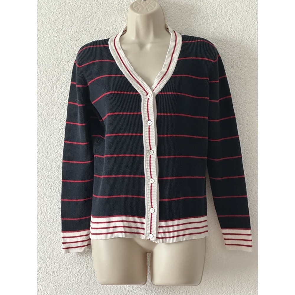 Vtg 90 Casual Corner Cotton Rib Knit Cardigan Sweater Navy Red White Nautical